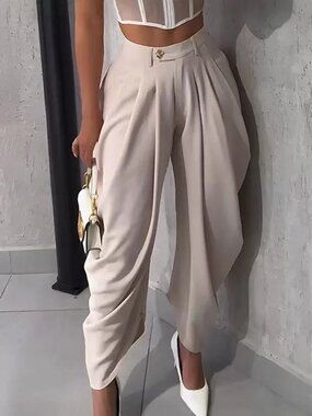 Apricot Casual Women's High Waist Pleated Asymmetrical Trousers